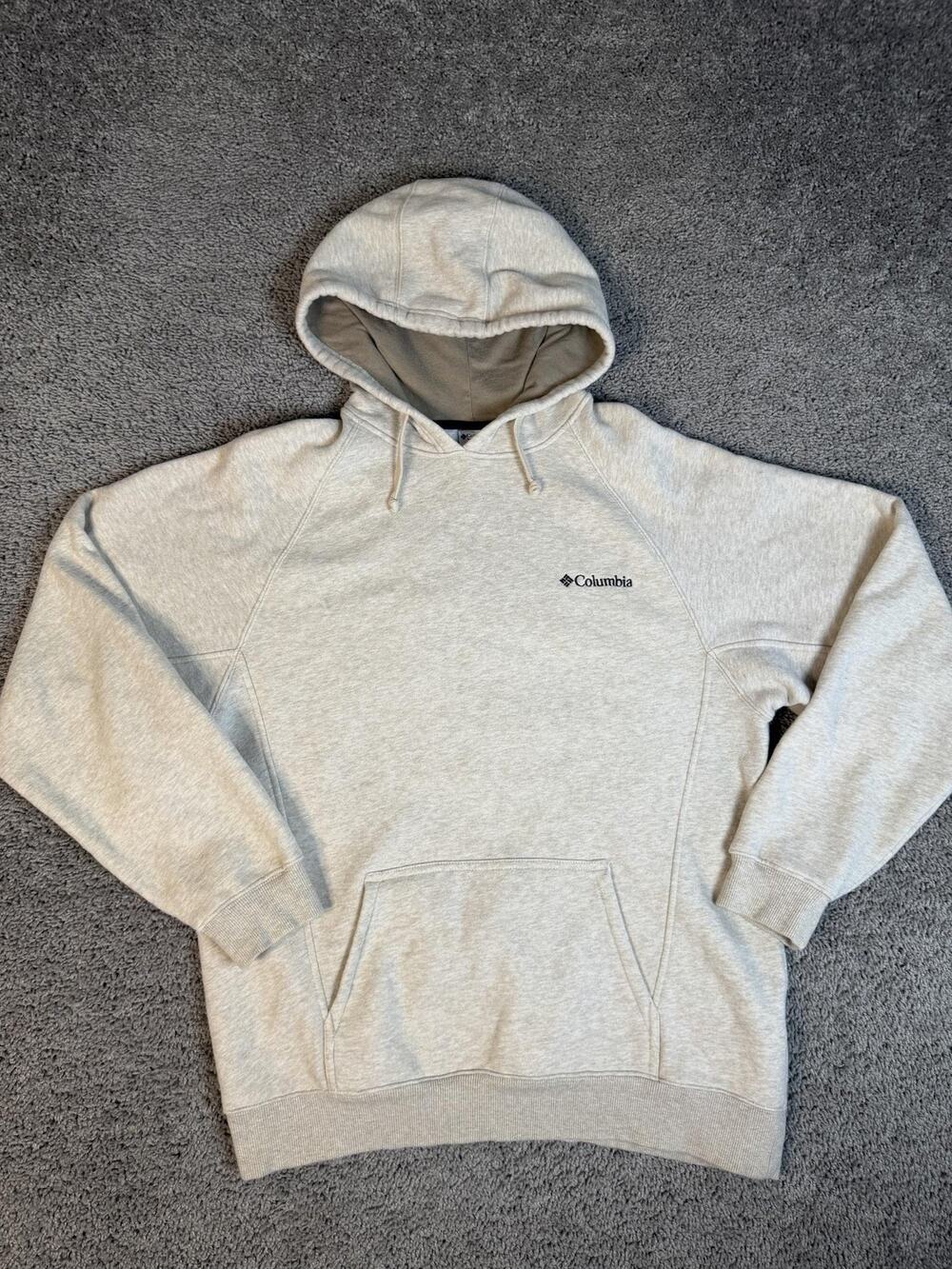 Columbia Hoodie Mens M Beige Pullover Hooded Lined Fleece Pockets Embroidered